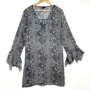 Yuka Beach Chiffon Large Bell Sleeve Coverup Dress Swim Pool Summer Sheer Sequin